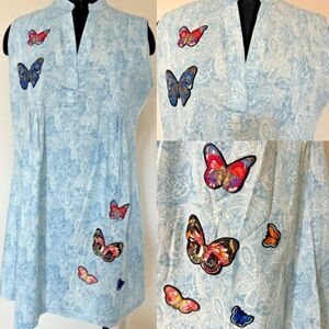 Adore Dress Women Medium Blue White Paisley Colorful Butterfly Embroidery